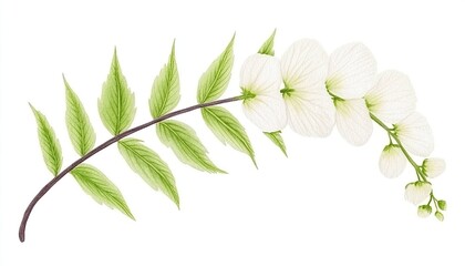 Naklejka premium Delicate white flowers and green leaves arranged elegantly on a clean background, ideal for nature-themed designs