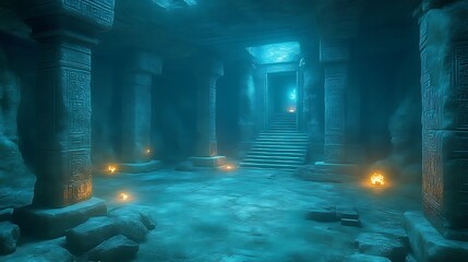 Obraz premium Underwater ancient temple ruins with glowing lights.