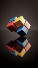 Colorful wooden blocks interlocked, reflecting on dark surface; problem-solving concept; website banner