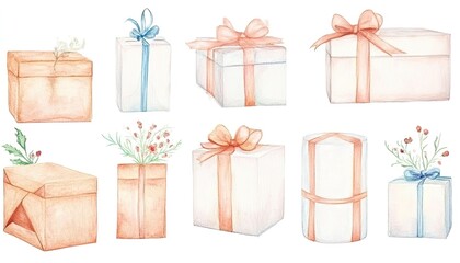A collection of beautifully wrapped gift boxes in soft pastel colors, featuring floral decorations and ribbons