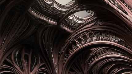 A dramatic low-angle shot of a high-rise commercial tower with intricate detailing and a futuristic architectural style