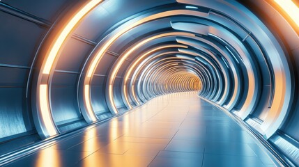 Naklejka premium A futuristic architectural tunnel with flowing curves and glowing light panels, showcasing innovative design concepts