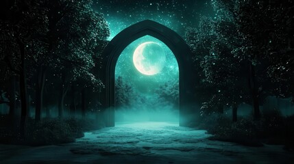 Fototapeta premium Shahada glowing softly above a sacred grove, symbol of spiritual guidance, 3D illustration