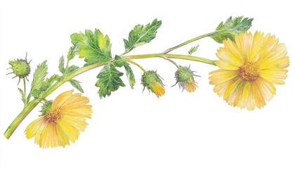 Vibrant yellow wildflowers with green leaves, showcasing nature's beauty in a serene, isolated setting