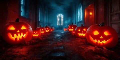 Obraz premium Spooky Halloween pumpkins in haunted corridor.