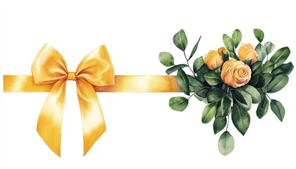 A vibrant yellow ribbon adorned with a bow and fresh roses, perfect for gift wrapping or decoration
