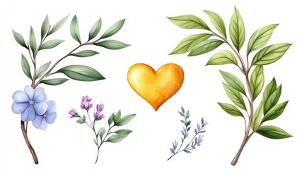 A vibrant collection of botanical illustrations featuring various leaves and flowers with a heart shape