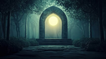 Shahada glowing softly above a sacred grove, symbol of spiritual guidance, 3D illustration