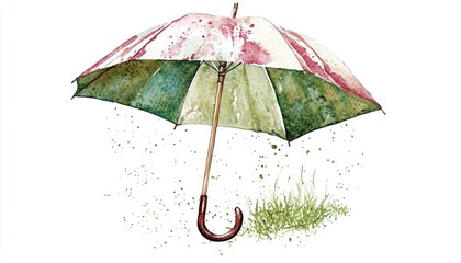 A vibrant watercolor illustration of a striped umbrella amidst green grass and splashes of color