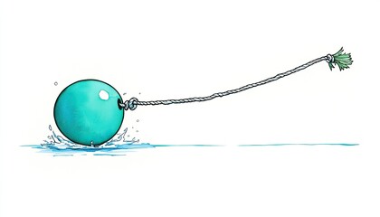 A playful turquoise buoy bobbing on water, tethered by a rope, surrounded by a serene aquatic landscape