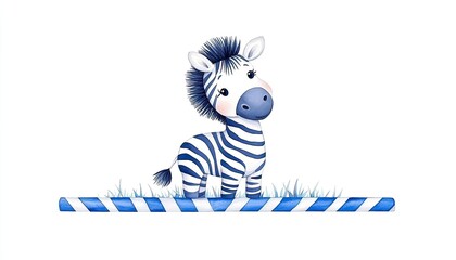 Cute cartoon zebra standing on a striped log with grass in a playful and vibrant setting