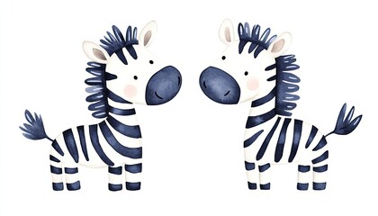 Two playful cartoon zebras with expressive faces standing side by side against a plain white background