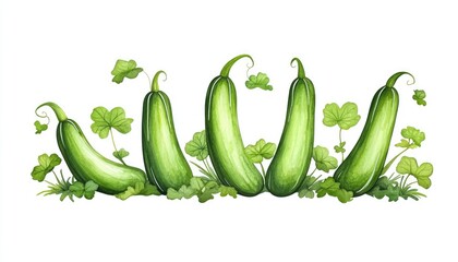 A vibrant illustration of five green cucumbers surrounded by lush green leaves, symbolizing freshness and nature
