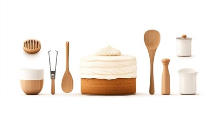 A beautifully arranged display of baking tools and a frosted cake set against a clean white background