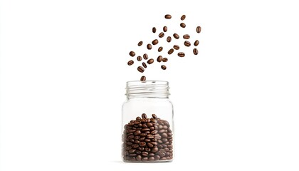 A jar filled with coffee beans, with beans dramatically spilling out, set against a clean white background