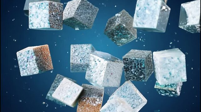 Set of 13 ice cubes floating in air