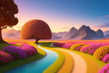 Fototapeta premium Beautiful and Peaceful Nature Scenery Illustration Landscape Countryside Tranquil Vibrant and Colorful