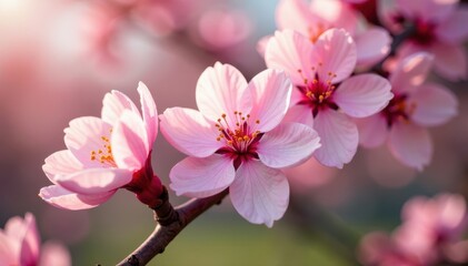 Fototapeta premium Pink petals unfolding on apricot tree branches, blossom tree flowers, spring flowers, blossom