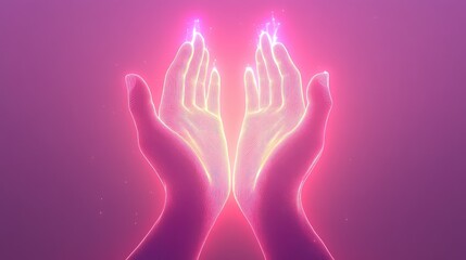 A glowing pair of hands outlined with soft, radiant light against a tranquil gradient background, symbolizing the transfer of healing energy