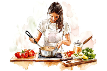 A woman cooking in a kitchen, focused on preparing a meal with fresh ingredients.