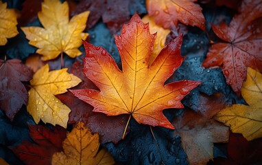 Vibrant autumn maple leaves with dew drops.