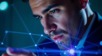 Focused Businessman Interacting with Futuristic Network