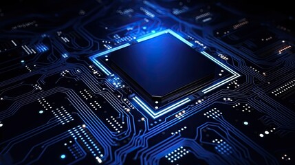 A close-up of a microchip on a circuit board with glowing elements.