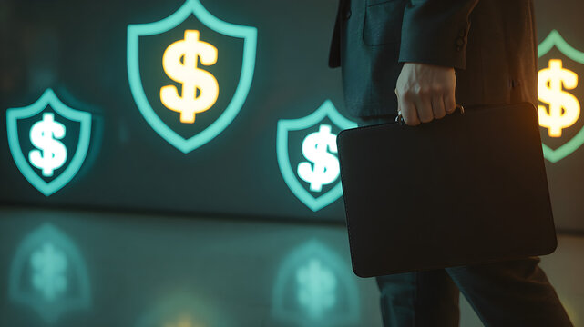 Close-up of a businessman with a briefcase, glowing dollar signs and security shields in the background, cinematic studio lighting, 8K