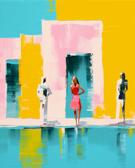 contemporary architectural painting of a retro style Palm Springs house party with umbrellas, chairs, pool, and palm trees using muted pastel colors