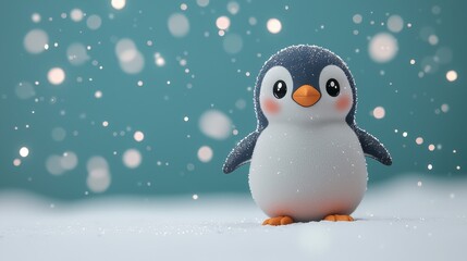 Cute penguin in snowy winter scene, holiday card