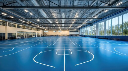 A modern sports building with multiple indoor and outdoor courts, a running track, and spacious open areas for various sports activities