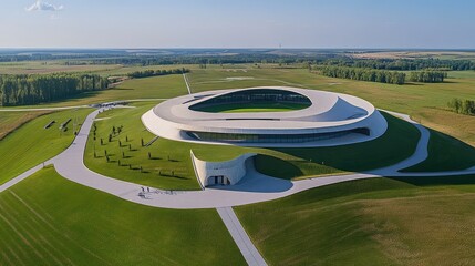 A modern sports complex with indoor courts, large outdoor stadium, and clean walking paths, surrounded by green lawns and trees