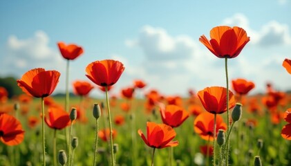 Naklejka premium Red poppy flowers in a field of colorful blooms, flowers, summer, colored