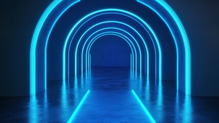 Fototapeta premium Bright blue neon triangle illuminated against a dark background creates a striking visual effect in a modern space