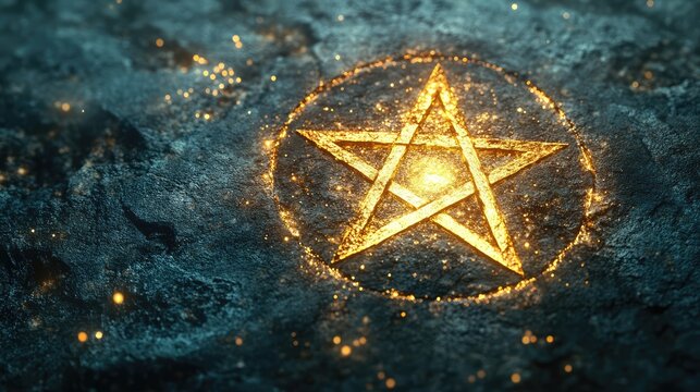 A mystical pentagram glowing faintly on a stone-textured background with soft golden particles around it, creating a magical ambiance