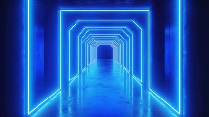 Fototapeta premium Bright blue neon triangle illuminated against a dark background creates a striking visual effect in a modern space