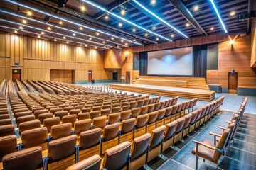 Obraz premium A deserted stage awaits. Seats, podium, and screen stand silent, captured in a candid photograph.