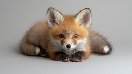 Cute red fox kit, studio shot, grey background, pet