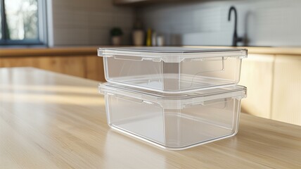 A photorealistic image of a stackable plastic food storage box with an airtight lid and transparent sides
