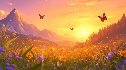 Fototapeta premium A peaceful meadow with butterflies fluttering around wildflowers under a golden sunset, symbolizing freedom and positivity