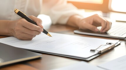 Business Woman Signing a Contract with Pen on Desk at Office: Close-Up of Businessman's Hands Holding Black Marker and Handwriting on Paper, Working in Business Center Using Laptop for Online Work. Co