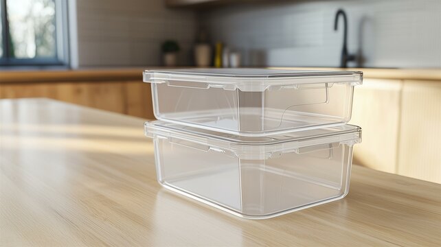 A photorealistic image of a stackable plastic food storage box with an airtight lid and transparent sides
