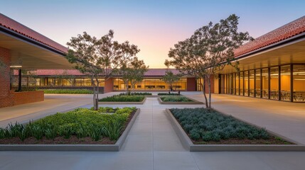 A quiet dormitory courtyard surrounded by clean, modern buildings and landscaped green areas under a pastel sunset