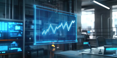 A single-line graph on a futuristic holographic display, floating in mid-air,
