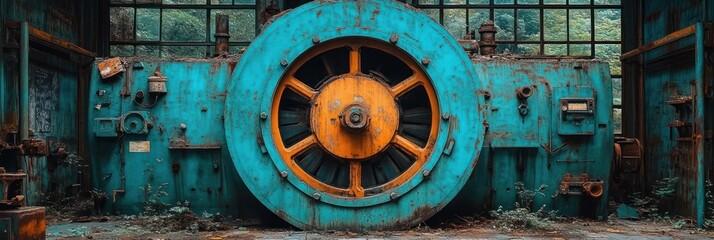 Fototapeta premium Rusty teal and orange industrial machinery in abandoned factory.
