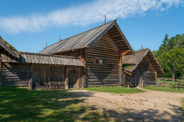 View of an ancient log building on the territory of the Pushkin village in Bugrovo of the Pushkin...