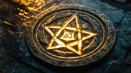 Fototapeta premium A serene, glowing sacred geometry symbol on a dark textured surface with intricate details illuminated gently