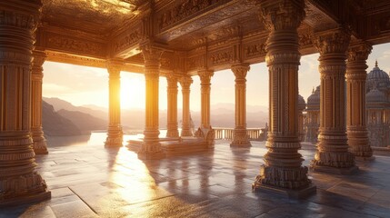A serene Hindu temple with ornate carvings, glowing softly in the warm golden hour light, framed by clear skies and empty surroundings