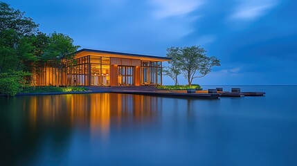 Obraz premium A serene shot of a contemporary waterfront building with expansive glass facades and minimalist landscaping reflecting on still water