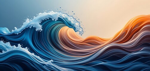 Abstract swirling ocean wave art depicting blue and orange hues